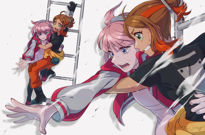 2girls artist_name blue_eyes boots brown_hair gloves green_eyes highres ivory_(25680nico) jacket ladder long_hair medium_hair mollie_(pokemon) multiple_girls nintendo open_mouth orla_(pokemon) outstretched_arm pants pink_hair pokemon pokemon_(anime) pokemon_horizons pouch reaching shirt shoes simple_background sweat t-shirt teeth white_background yuri