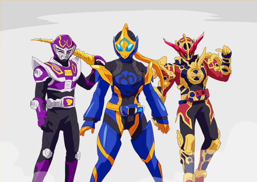 1girl 2boys armor blue_eyes cobra_(animal) evol_driver gloves highres holding holding_weapon instrument kamen_rider kamen_rider_build_(series) kamen_rider_evol kamen_rider_jeanne kamen_rider_ouja kamen_rider_revice kamen_rider_ryuki_(series) libera_driver multiple_boys orange_armor orange_gloves otokamu purple_armor red_armor staff sword trait_connection venosaber weapon