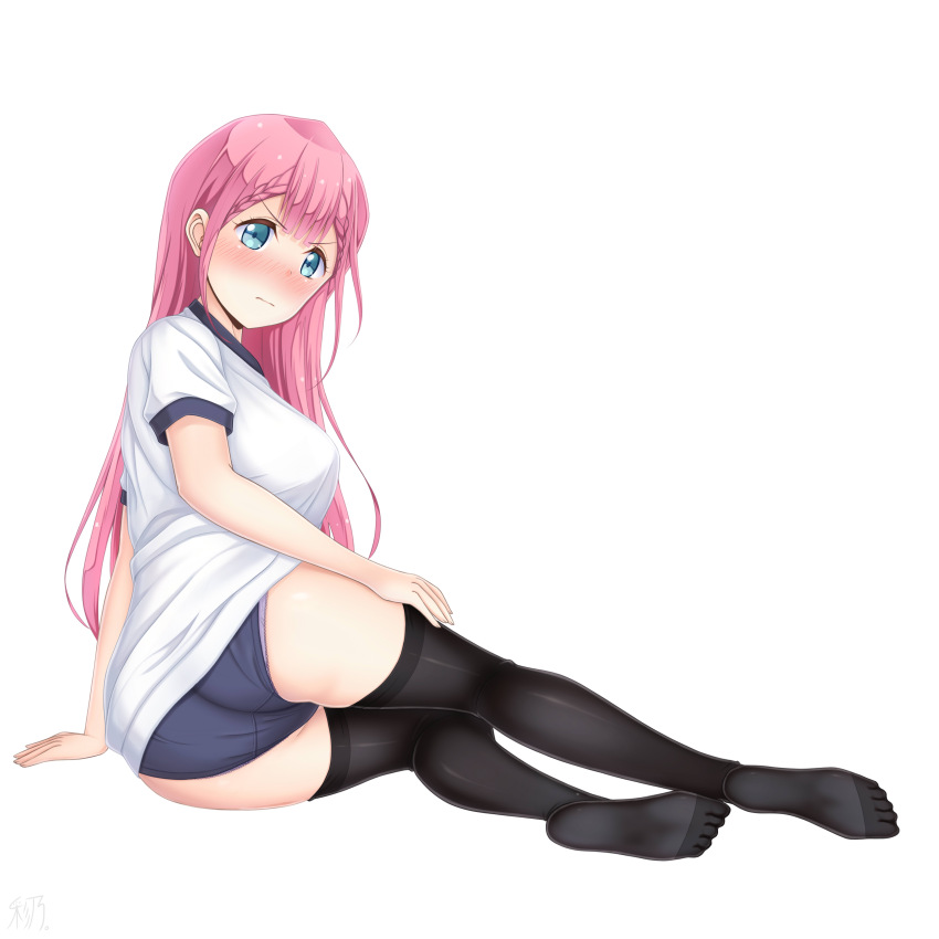 1girl absurdres aqua_eyes ass blue_eyes blush bokutachi_wa_benkyou_ga_dekinai braid breasts buruma butt_crack gym_uniform highres kirisu_mafuyu large_breasts legs long_hair looking_at_viewer looking_back lying on_side panties pink_hair sainohikari simple_background sitting solo thighhighs thighs underwear white_background