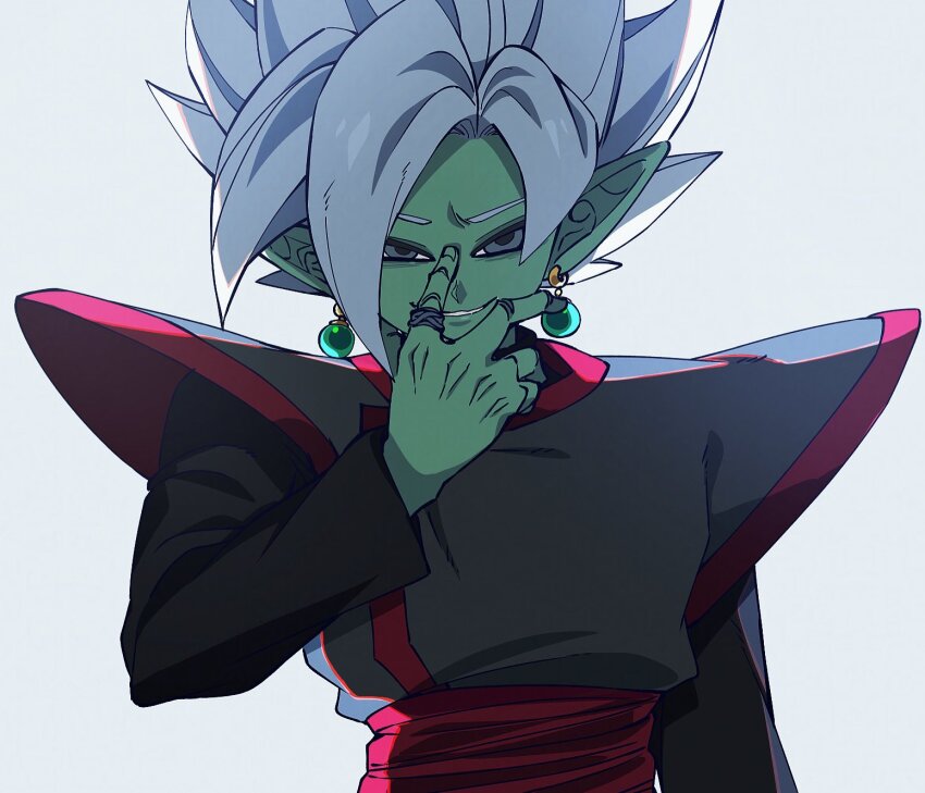 1boy black_robe colored_skin dragon_ball dragon_ball_super earrings fused_zamasu green_skin highres jewelry komesan_0212 male_focus medium_hair pointy_ears potara_earrings red_sash robe sash shoulder_pads simple_background solo spiked_hair upper_body white_background white_hair