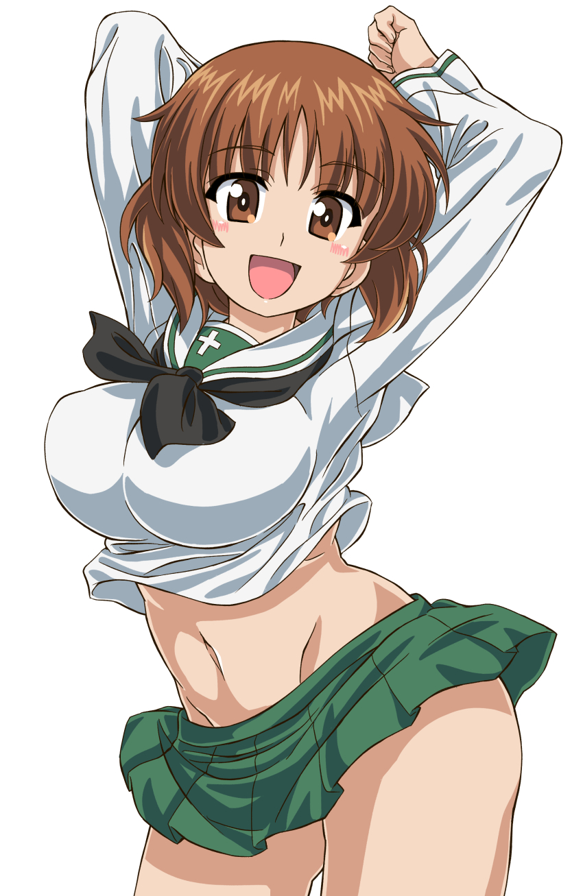 1girl 9s0ykoyama117 absurdres blush blush_stickers breasts brown_eyes brown_hair girls_und_panzer highres large_breasts looking_at_viewer midriff miniskirt navel nishizumi_miho ooarai_school_uniform open_mouth pleated_skirt school_uniform short_hair simple_background skirt smile solo white_background