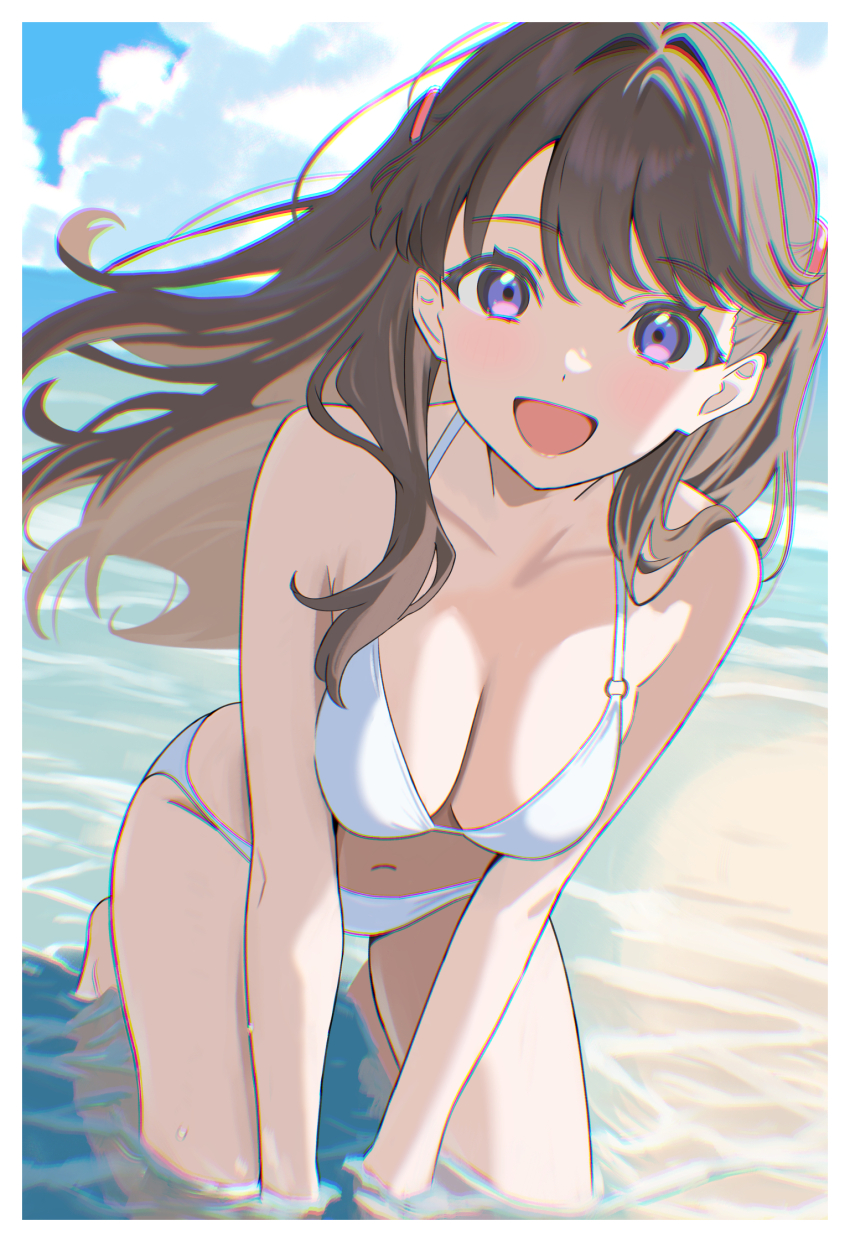 1girl :d bare_shoulders barefoot bikini blue_sky border breasts brown_hair chromatic_aberration cleavage cloud collarbone commentary floating_hair fujishima_megumi full_body halterneck highres kneeling large_breasts link!_like!_love_live! long_hair looking_at_viewer love_live! masaki_(masakinariya) navel o-ring o-ring_bikini open_mouth outdoors purple_eyes sky smile solo swimsuit two_side_up virtual_youtuber white_bikini white_border