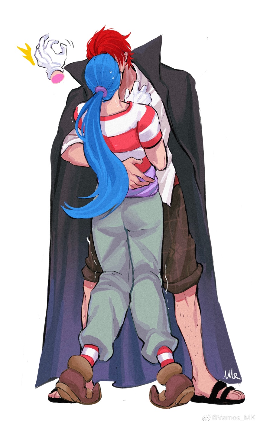 2boys absurdres black_cape blue_eyes blue_hair brown_shoes buggy_the_clown cape full_body gloves hand_on_another&#039;s_back highres kiss long_hair male_focus multiple_boys one_piece ponytail red_hair sandals shanks_(one_piece) shirt shoes short_hair short_sleeves simple_background standing striped_clothes striped_shirt surprised vamos_mk white_background white_gloves white_shirt yaoi