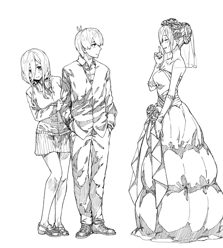 1boy 2girls bare_shoulders breasts bridal_veil bride cardigan closed_eyes closed_mouth collarbone collared_shirt commentary_request dress earrings elbow_gloves flower full_body gloves go-toubun_no_hanayome greyscale hair_between_eyes hair_bun hands_in_pockets hatching_(texture) headphones headphones_around_neck hiding hiding_behind_another highres index_finger_raised jewelry kabuno_(camphora) linear_hatching long_dress long_hair long_sleeves looking_at_another medium_breasts monochrome multiple_girls nakano_miku pants pleated_skirt profile shirt shoes short_hair simple_background skirt smile standing strapless strapless_dress sweat uesugi_fuutarou veil wedding_dress white_background