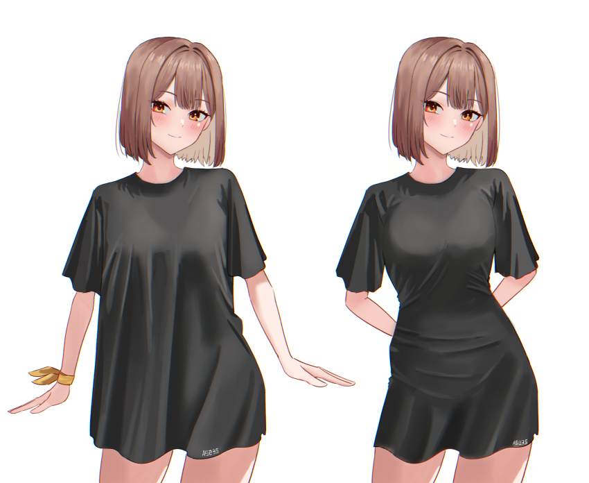 1girl a5235 before_and_after black_shirt blush brown_hair closed_mouth highres looking_at_viewer multiple_girls shirt short_hair simple_background smile victory_(waktaverse) virtual_youtuber waktaverse yellow_eyes