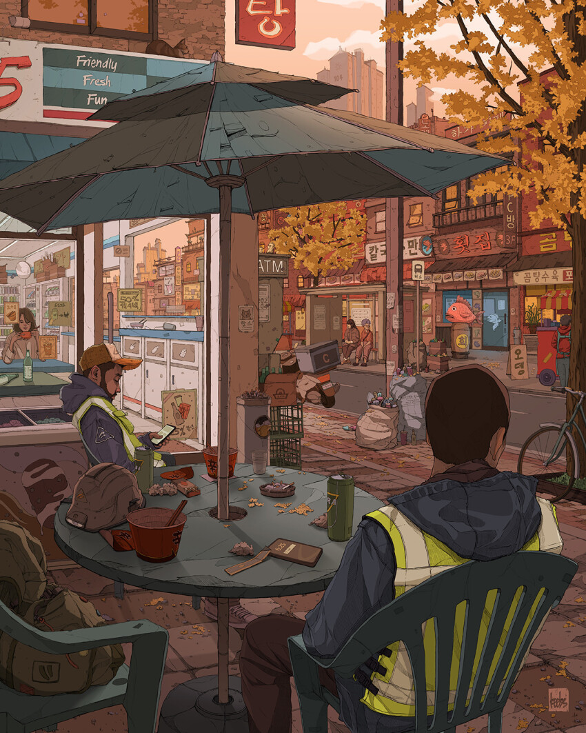 2girls 4boys ashtray atm autumn_leaves awning beard bicycle blue_coat bowl box brown_hair building bus_stop can cellphone city cityscape cloud coat commentary convenience_store crate eating english_commentary english_text facial_hair full_beard glass_door hat high-visibility_clothing high-visibility_vest highres holding holding_bowl holding_phone hood hooded_coat instant_ramen john_lee_keebs korean_text leaf looking_at_phone motor_vehicle multiple_boys multiple_girls orange_hat orange_sky original outdoors patio_umbrella phone road scooter shelter shop short_hair sidewalk sign sitting sky skyline skyscraper smartphone standing street string_of_flags table trash_bag tree utility_pole vending_cart window