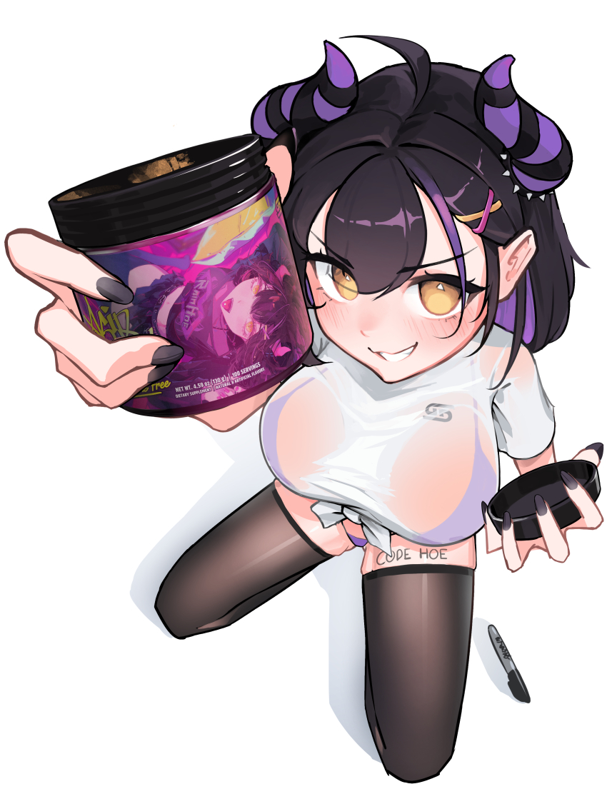 1girl absurdres ahoge bikini bikini_under_clothes black_hair black_nails black_thighhighs blush body_writing breasts colored_inner_hair commentary demon_girl demon_horns english_commentary from_above gamer_supps gluteal_fold grin hair_ornament highres holding holding_jar horn_ornament horns indie_virtual_youtuber jar jewelry large_breasts looking_at_viewer marker medium_hair multicolored_hair open_can purple_bikini purple_hair purple_horns purple_streaks rainhoe second-party_source see-through_clothes see-through_shirt seiza sharpie_(brand) shirt short_sleeves simple_background sitting smile solo streaked_hair swimsuit t-shirt thighhighs tied_shirt virtual_youtuber white_background white_shirt x_hair_ornament yellow_eyes zepocketdroid