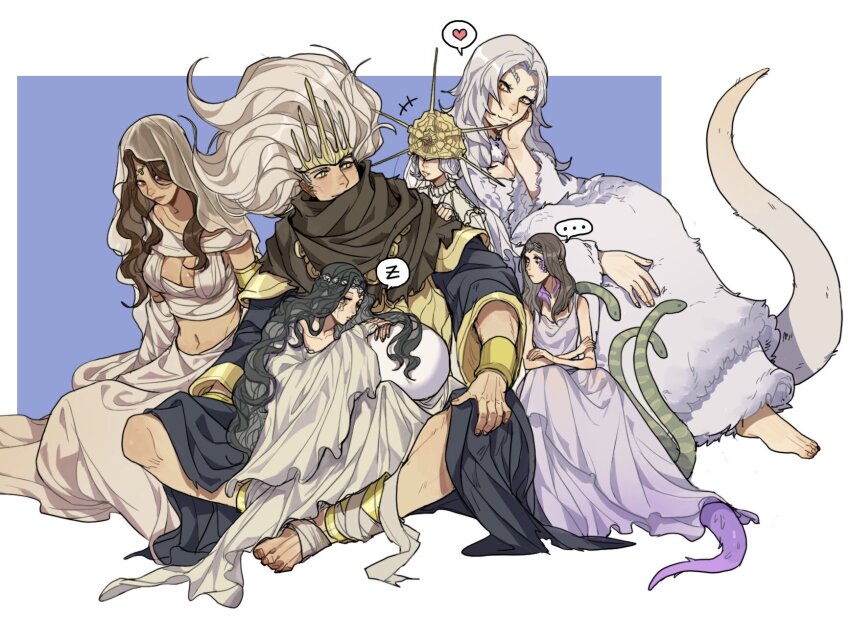 ... anklet armlet bandaged_foot bandages barefoot black_hair black_robe blue_background border bracelet breasts brown_hair brown_neckerchief cleavage closed_eyes closed_mouth commentary company_captain_yorshka crossed_arms crown dark_souls_(series) dark_souls_i dark_souls_iii dark_sun_gwyndolin dragon_tail dress english_commentary filianore_(dark_souls) forehead_jewel fur-trimmed_dress fur_trim gold_crown gold_headwear grey_hair hand_on_own_face hand_on_own_knee heart highres jewelry long_hair looking_at_another looking_at_viewer medium_breasts nameless_king navel neckerchief parted_lips priscilla_the_crossbreed purple_dress queen_of_sunlight_gwynevere robe see-through_clothes see-through_veil sitting sleeping sleeping_on_person smile spoken_heart spoken_zzz stomach tail tail_raised toes tworain_w veil wavy_hair white_border white_dress wide_sleeves yellow_eyes zzz
