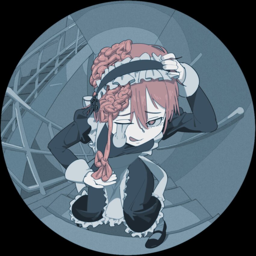 1girl :q apron black_dress black_shoes brain breasts chainsaw_man cosmo_(chainsaw_man) dangling_eye dress exposed_brain eyeball fisheye frilled_apron frilled_hairband frills fubarmoe hair_between_eyes hairband hand_on_own_head heart heart-shaped_pupils highres juliet_sleeves long_dress long_sleeves looking_at_viewer maid_headdress mary_janes puffy_sleeves red_hair red_pupils shoes solo stairs stairwell standing symbol-shaped_pupils tongue tongue_out