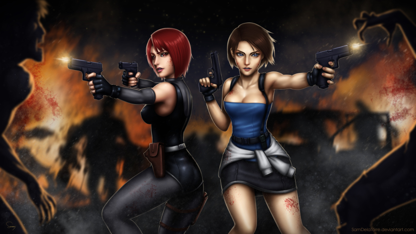 2girls absurdres black_gloves black_skirt blood blood_on_face blue_eyes breasts brown_hair cleavage clothes_around_waist company_connection crossover detached_sleeves dino_crisis dual_wielding finger_on_trigger fingerless_gloves firing glock gloves gun handgun highres holding holster jill_valentine medium_breasts multiple_girls pink_lips pistol red_eyes red_hair regina_(dino_crisis) resident_evil resident_evil_3:_nemesis sam_delatore signature skirt strapless sweater sweater_around_waist toned tube_top weapon