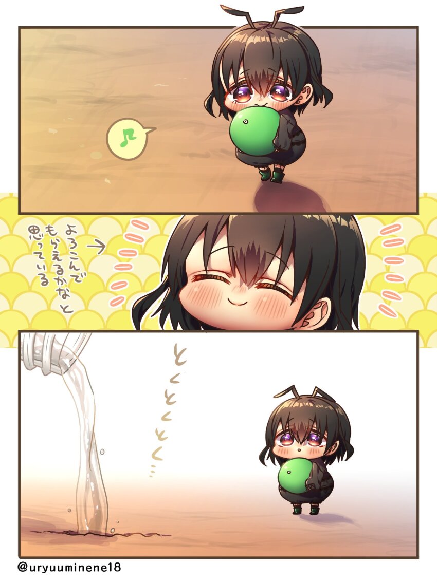 1girl ant ant_girl antennae black_dress black_hair blush boots bottle bug chibi comic commentary_request dress food fruit grapes green_footwear harumina_mau highres holding holding_food insect mini_person minigirl musical_note notice_lines original personification pouring red_eyes short_hair smile sound_effects spoken_musical_note translation_request twitter_username walking water_bottle
