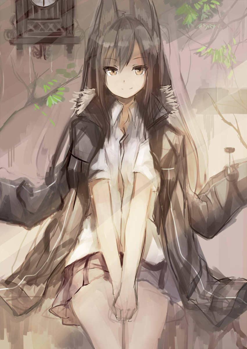 1girl against_wall black_hair black_skirt branch clock female_focus highres ivy jacket jacket_on_shoulders leaf looking_at_viewer open_clothes open_jacket original plant pleated_skirt shirt short_sleeves skirt smile solo v_arms wall white_shirt yellow_eyes yoshizawa_tsubaki