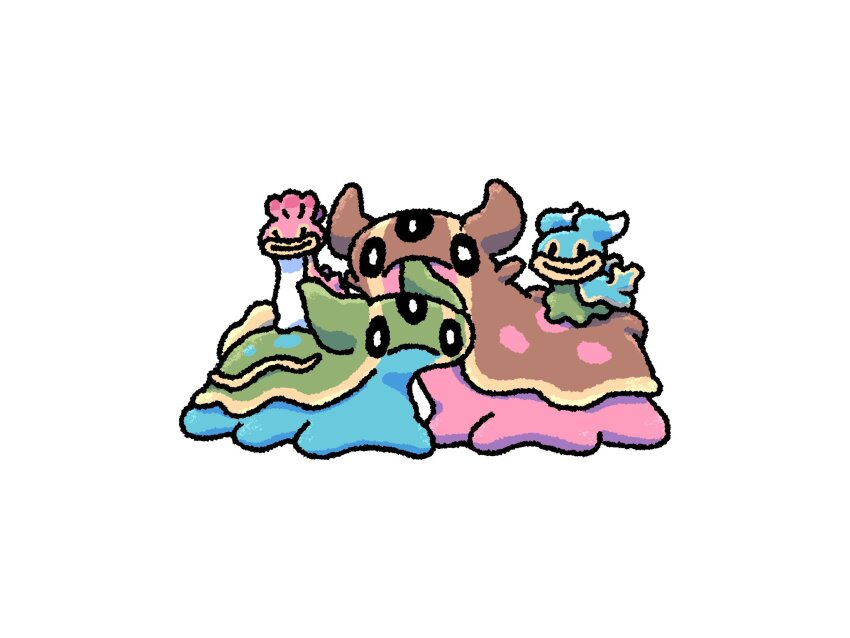 00tamakichi black_eyes blue_skin closed_mouth colored_skin dark_skin ear_in_mouth frown game_freak gastrodon gastrodon_(east) gastrodon_(west) gen_4_pokemon green_skin highres horns looking_at_viewer lying nintendo no_humans on_back pink_skin pokemon pokemon_(creature) shellos shellos_(east) shellos_(west) simple_background slug smile spots white_background