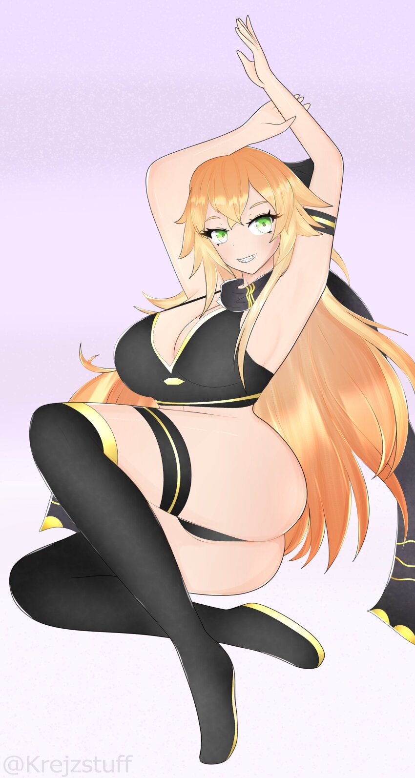 absurdres big_breasts bikini blonde_eyebrows blonde_hair breasts frederica_baumann green_eyes highres krejzart long_hair re:zero_kara_hajimeru_isekai_seikatsu scarf swimsuit thick_thighs thighhighs thighs very_long_hair