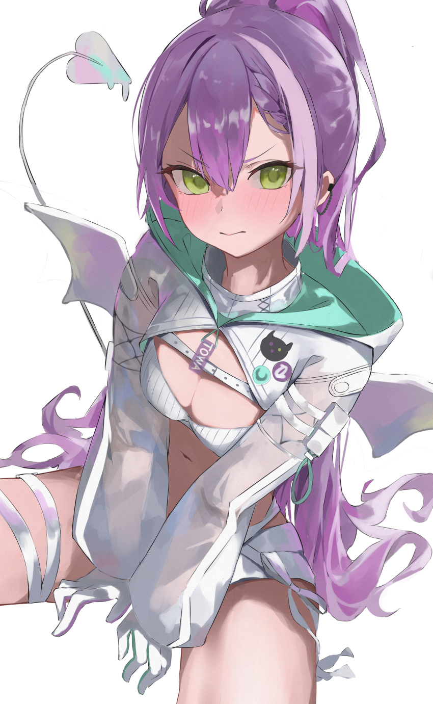1girl absurdres angry between_legs blush braid braided_bangs breasts center-flap_bangs chest_belt cleavage commentary_request demon_girl demon_tail demon_wings double-parted_bangs ear_chain earclip embarrassed gradient_hair green_eyes hair_between_eyes hand_between_legs highres hololive hood hood_down hooded_shrug invisible_chair linked_piercing long_hair long_sleeves medium_breasts melting_tail multicolored_hair nagiushi official_alternate_costume partial_commentary puffy_long_sleeves puffy_sleeves purple_hair short_shorts shorts shrug_(clothing) sidelocks sitting solo strapless tail thigh_strap tokoyami_towa tokoyami_towa_(cyberpunk) tube_top turtleneck v_arms virtual_youtuber white_shorts white_shrug white_tail white_tube_top white_wings wings