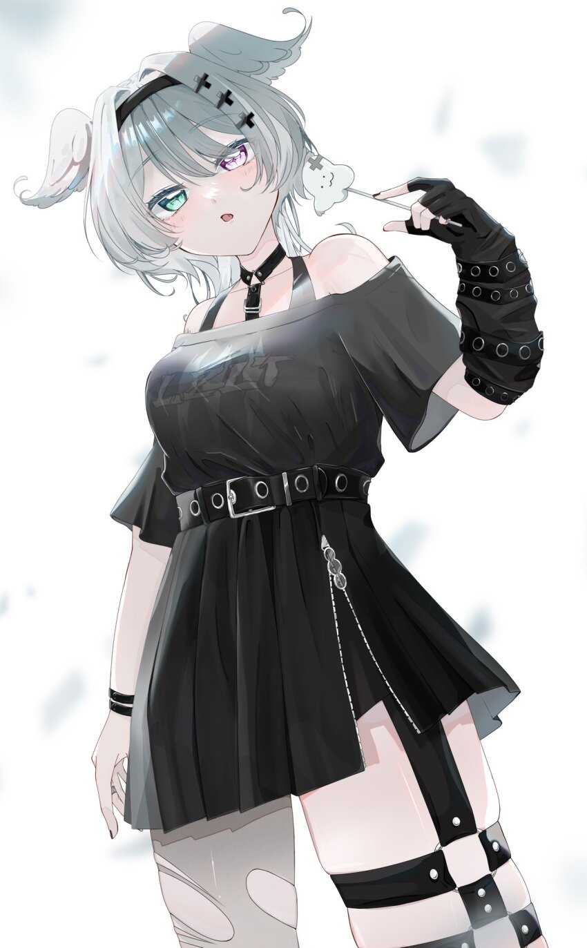1girl :o aqua_eyes belt black_hairband black_nails black_shirt black_skirt blush breasts chest_harness cowboy_shot elira_pendora elira_pendora_(goth) fingerless_gloves gloves grey_hair hair_intakes hairband harness head_wings heterochromia highres large_breasts long_hair nijisanji nijisanji_en off-shoulder_shirt off_shoulder pantyhose pleated_skirt purple_eyes remon04mom shirt single_fingerless_glove single_leg_pantyhose skindentation skirt solo torn_clothes torn_pantyhose virtual_youtuber wings