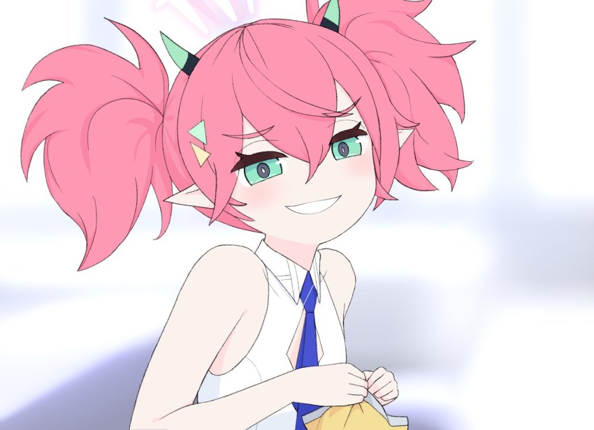 1girl bag bag_of_chips bare_shoulders blue_archive blue_necktie blurry blurry_background cleavage_cutout clothing_cutout collared_dress dress green_eyes grin hair_ornament halo highres holding holding_bag horns kutsusama light_blush looking_at_viewer momoka_(blue_archive) necktie pink_hair pointy_ears sidelocks sleeveless sleeveless_dress smile smug solo teeth white_dress