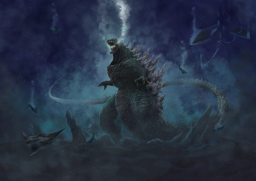 absurdres boat bubble debris destruction dinosaur dolphin dust full_body fusion giant giant_monster godzilla godzilla,_mothra_and_king_ghidorah:_giant_monsters_all-out_attack godzilla_(series) godzilla_2000:_millennium highres kaiju long_tail monster no_humans no_pupils ocean open_mouth particles roaring sea_monster seafloor shark sharp_teeth shin_godzilla ship spikes standing tail takoyak041 teeth toho tongue underwater very_long_tail watercraft whale white_eyes