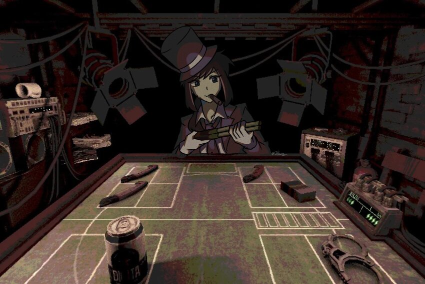 1girl a_hat_in_time aged_up beer_can blue_eyes brick_wall brown_hair buckshot_roulette cable can casino_card_table cigarette cigarette_pack collared_shirt commentary cuffs cup drink_can english_commentary eyebrows_visible_through_hat gun handcuffs hat hat_kid highres holding holding_gun holding_weapon indoors jacket jibung long_sleeves looking_at_object mouth_hold mug necktie purple_hat purple_jacket purple_necktie ribbon running_bond saw shirt short_hair shotgun sidelocks small_sweatdrop solo speaker stage_lights stereo table tilted_headwear top_hat upper_body weapon white_shirt yellow_ribbon