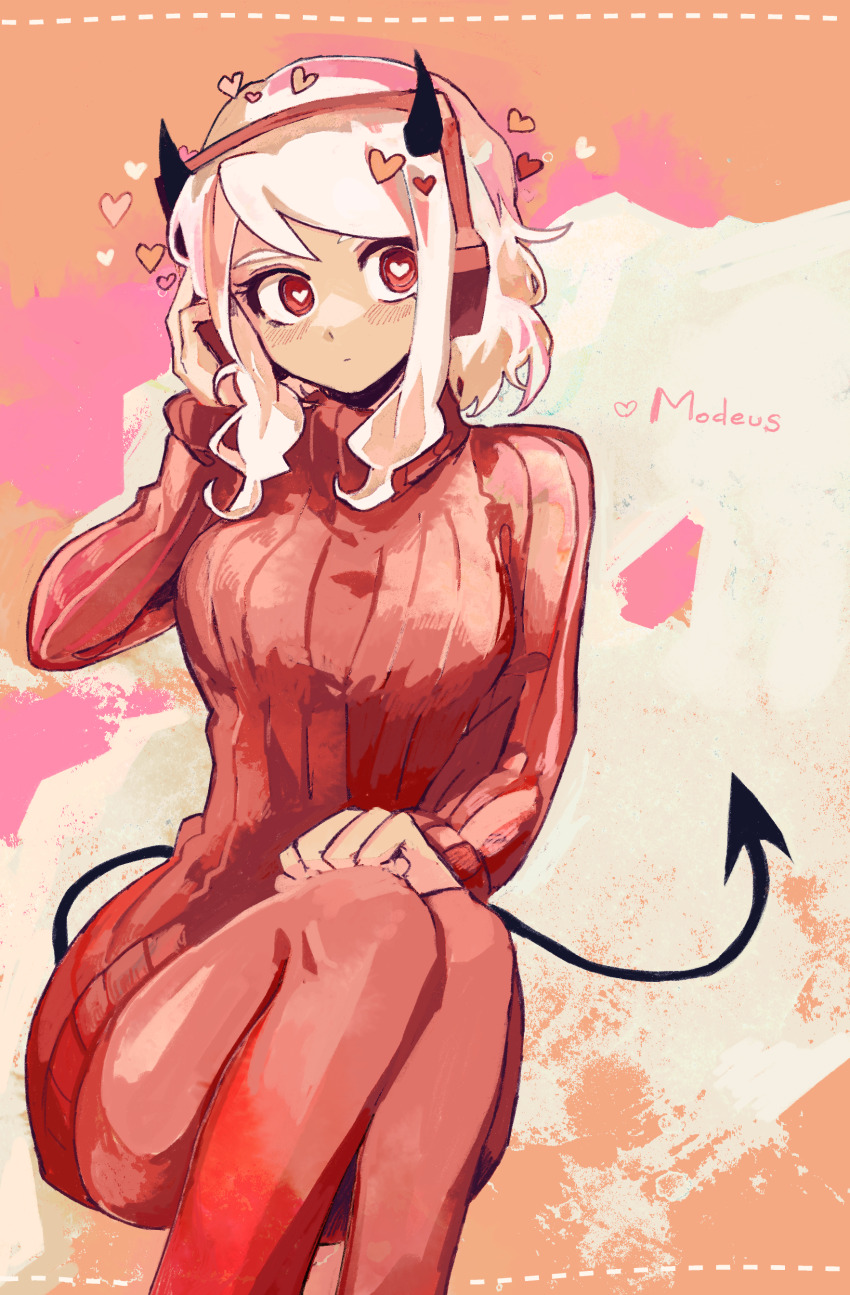 1girl absurdres blush breasts demon_girl demon_horns dress helltaker highres horns large_breasts long_hair modeus_(helltaker) pantyhose red_background red_pantyhose red_sweater sitting solo sweater sweater_dress tail uninosono white_hair