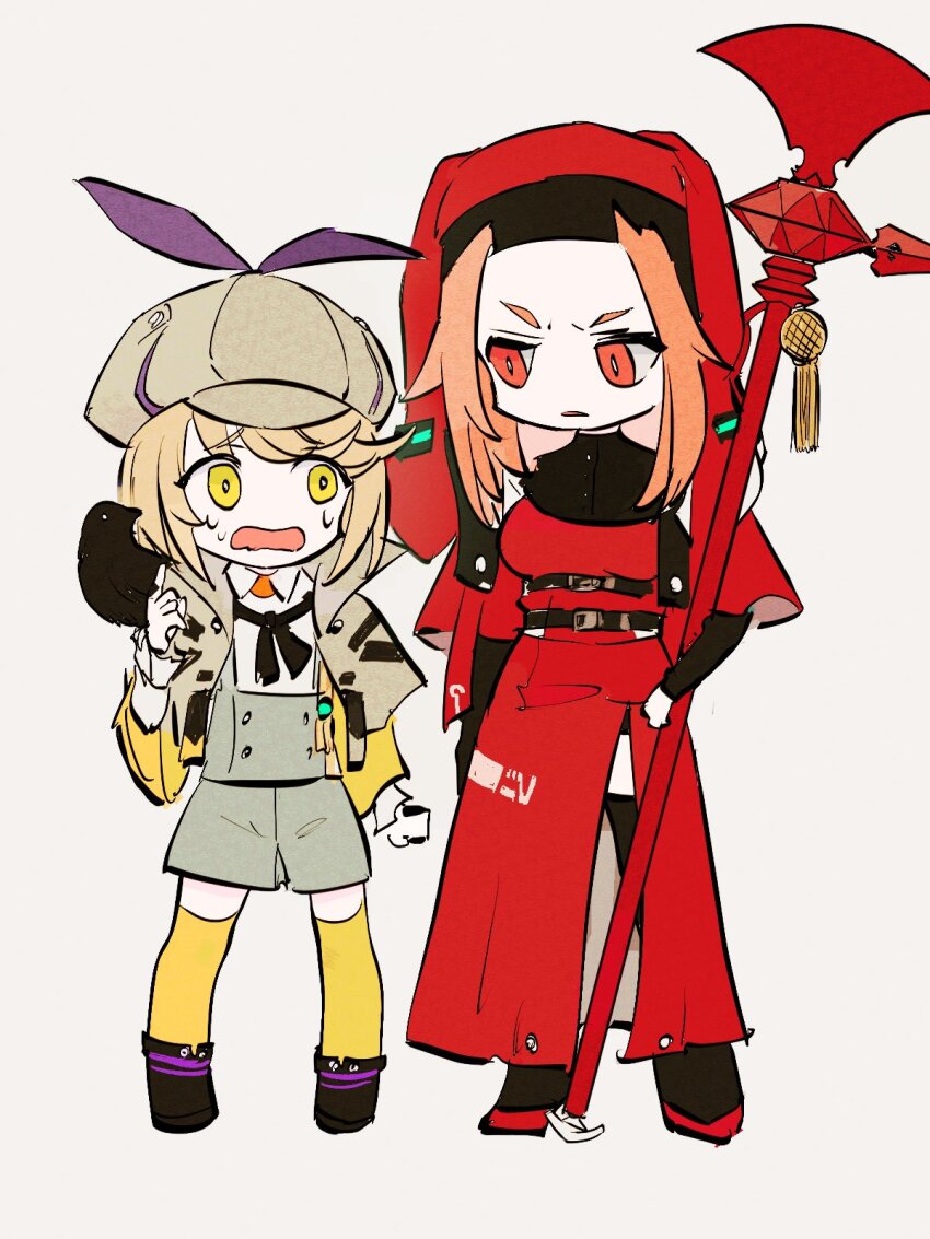 2girls bird blonde_hair breasts brown_capelet capelet crow deerstalker hat heaven_burns_red highres irene_redmayne kulfiq large_breasts maria_de_angelis multiple_girls nun panicking parted_bangs red_eyes red_hair short_hair sweat thighhighs veil yellow_eyes