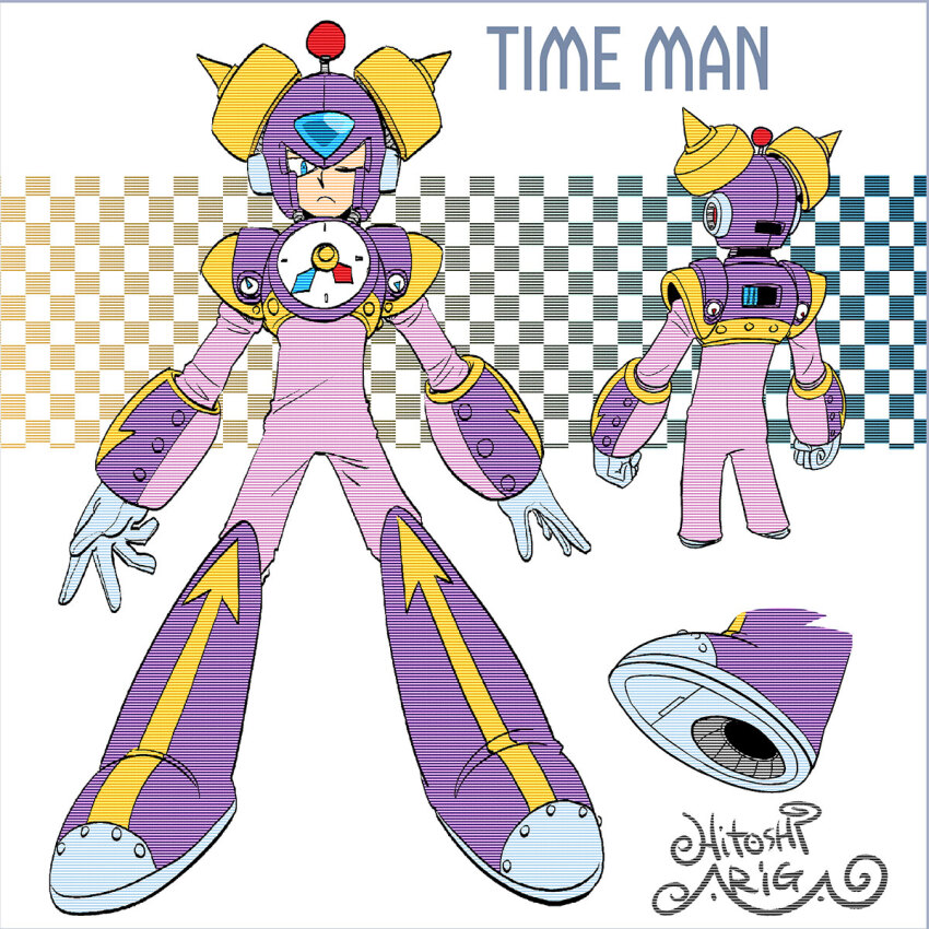 1boy ;( analog_clock android aqua_eyes ariga_hitoshi armor arrow_(symbol) artist_name bell blue_background blue_eyes blue_gemstone bodysuit boots character_name reference_sheet checkered_background chest_armor clenched_hands clock closed_mouth colored_shoe_soles commentary_request concept_art cowboy_shot forehead_jewel from_behind full_body gem gloves gradient_background grey_footwear helmet highres joints knee_boots light_brown_background looking_ahead looking_at_viewer male_focus mega_man:_powered_up mega_man_(classic) mega_man_(series) mega_man_megamix multiple_views no_humans one_eye_closed outstretched_arms pink_bodysuit radio_antenna robot robot_ears robot_joints scanlines screw shoe_soles signature simple_background spiked_helmet spread_arms standing straight-on time_man turnaround white_background white_gloves