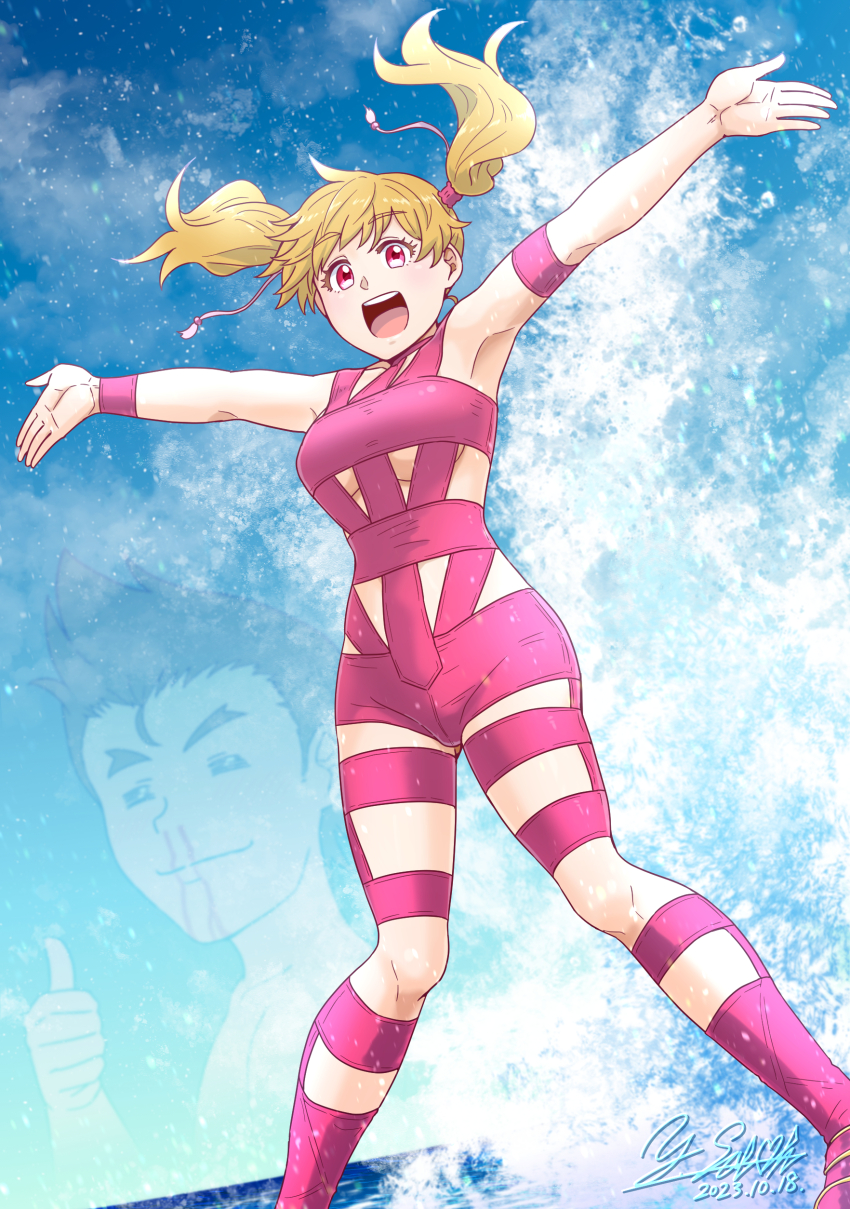 absurdres armband artist_name blood blue_sky bodysuit boots breasts brown_hair chinen_daisuke cloud cloudy_sky commentary dated day dutch_angle fresh_precure! highres hot_limit medium_breasts medium_hair momozono_love nosebleed open_mouth outdoors outstretched_arms pink_bodysuit pink_boots pink_eyes precure satou_yasu signature sky smile spread_arms standing t.m.revolution thumbs_up twintails wristband