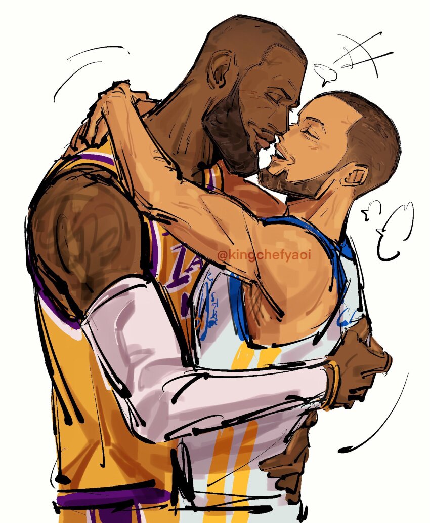 2boys beard black_hair closed_eyes dark-skinned_male dark_skin facial_hair golden_state_warriors highres kingchefyaoi lebron_james los_angeles_lakers male_focus multiple_boys national_basketball_association real_life short_hair simple_background stephen_curry twitter_username very_short_hair white_background yaoi