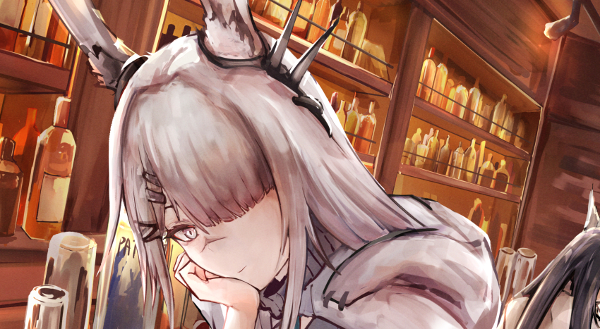1girl alcohol animal_ear_fluff animal_ears arknights bar_(place) coat frostnova_(arknights) grey_eyes grey_hair hair_ornament hair_over_one_eye hairclip highres kisumun long_hair looking_at_viewer portrait rabbit_ears rabbit_girl smile