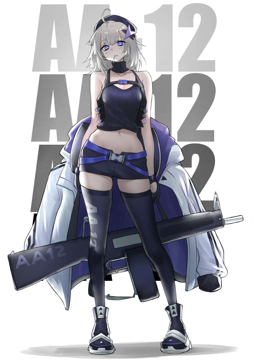 1girl aa-12 aa-12_(girls&#039;_frontline) absurdres bags_under_eyes black_shoes black_shorts black_tank_top black_thighhighs breasts commentary full_body girls&#039;_frontline grey_hair gun hair_ornament highres lollipop_in_mouth looking_at_viewer medium_breasts medium_hair navel purple_eyes shoes short_shorts shorts shotgun simple_background solo standing star_(symbol) star_hair_ornament tank_top thighhighs tofu_(killer150) weapon white_background
