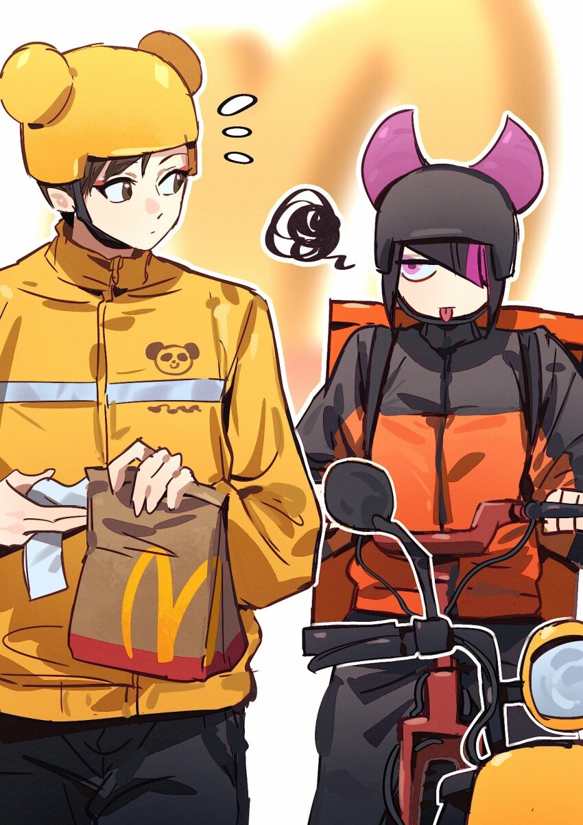 2girls asymmetrical_bangs bicycle capcom chun-li curious flying_sweatdrops hair_over_one_eye han_juri helmet highres jacket looking_at_another mcdonald&#039;s multicolored_hair multiple_girls purple_streaks spoken_squiggle squiggle streaked_hair street_fighter street_fighter_6 tongue tongue_out yumi_xsh