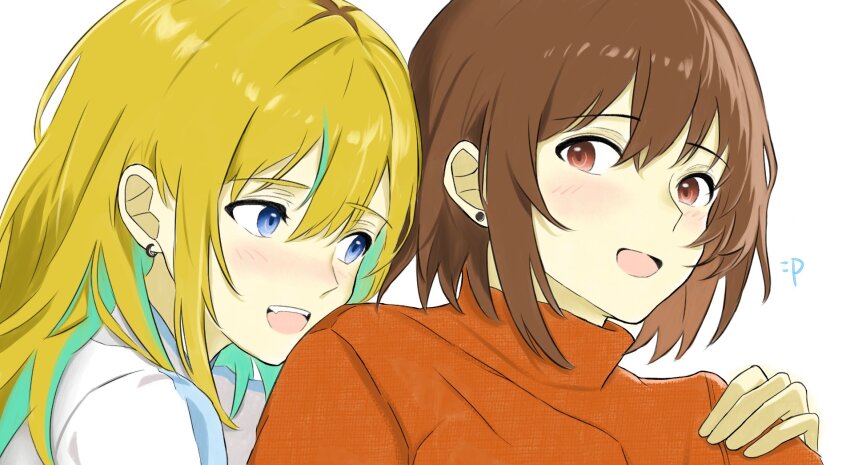 2girls blonde_hair blue_eyes blush bob_cut brown_hair chinese_commentary colored_inner_hair commentary_request earrings fangs green_hair hair_between_eyes highres hug hug_from_behind jewelry kouzuki_mahiru long_hair momokan_1209 multicolored_hair multiple_girls open_mouth orange_sweater shirt short_hair streaked_hair stud_earrings sweater teeth upper_body upper_teeth_only white_background white_shirt yamanouchi_kano yoru_no_kurage_wa_oyogenai yuri