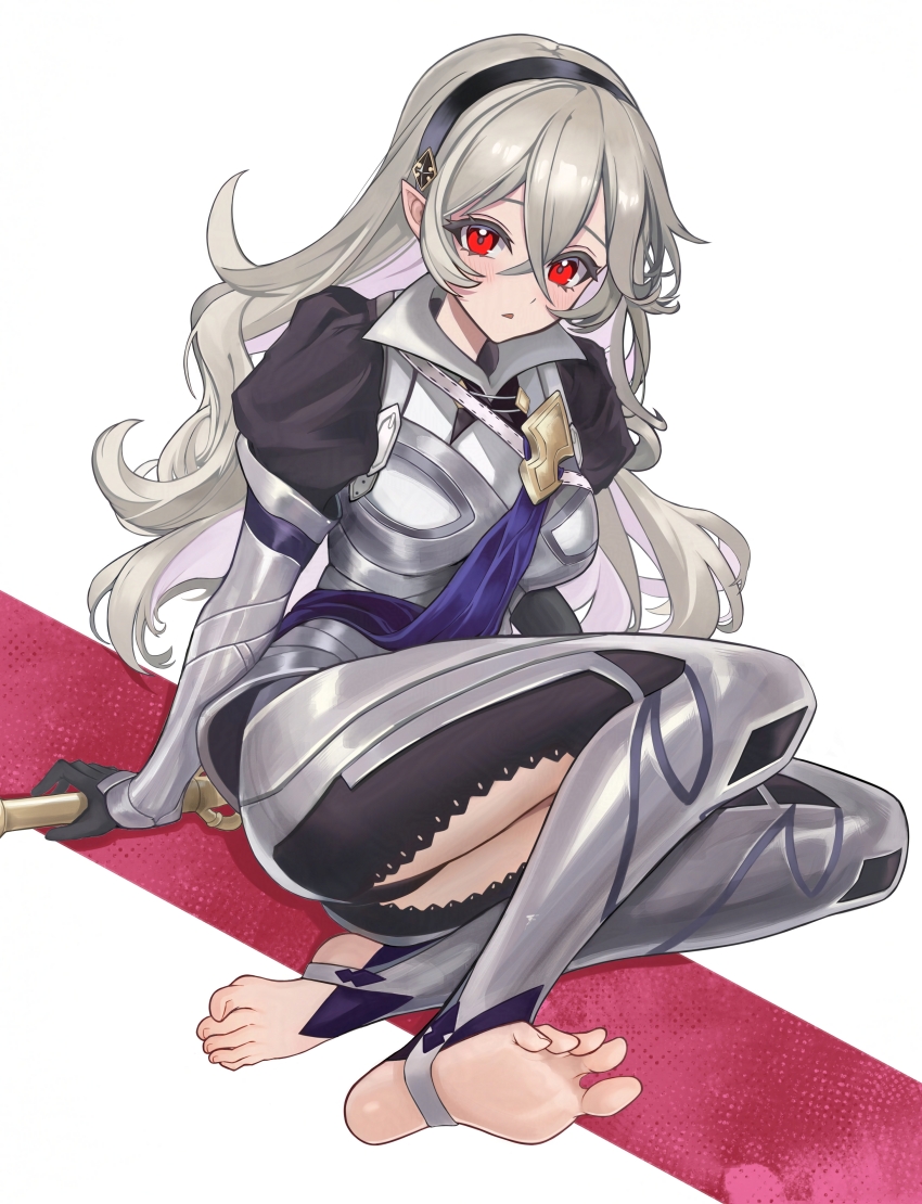 1girl absurdres armor armored_leotard ass barefoot black_hairband blush breasts feet female_corrin_(fire_emblem) fire_emblem fire_emblem_fates gloves grey_hair hair_between_eyes hairband highres jyn_jyn leotard long_hair looking_at_viewer medium_breasts nintendo open_mouth pointy_ears red_eyes simple_background sitting solo thighs white_hair yato_(fire_emblem)