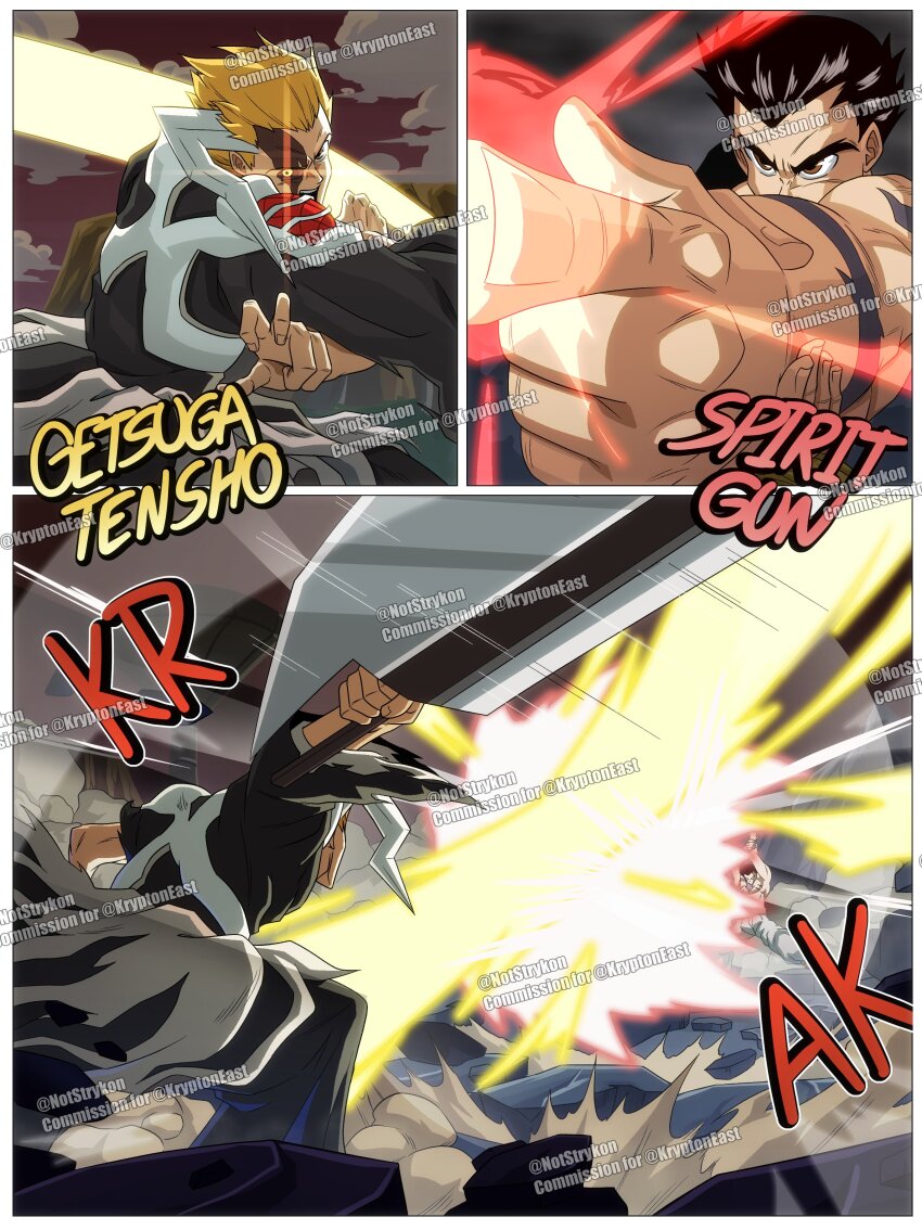 2boys absurdres alternate_form arm_tattoo bankai battle black_hakama black_sclera bleach bleach:_sennen_kessen-hen brown_eyes chest_tattoo colored_sclera crossover energy_ball fighting finger_gun getsuga_tensho hakama haori highres holding holding_sword holding_weapon hollow_(bleach) hollowfication horn_of_salvation horns huge_weapon japanese_clothes kurosaki_ichigo looking_at_viewer multiple_boys notstrykon orange_eyes orange_hair rei_gun retro_artstyle shihakusho shinigami short_hair shoulder_tattoo single_horn spiked_hair sword taichou_haori tattoo tensa_zangetsu_(bankai) true_zangetsu_(bankai) twitter_username urameshi_yusuke weapon yellow_eyes yuu_yuu_hakusho zanpakutou