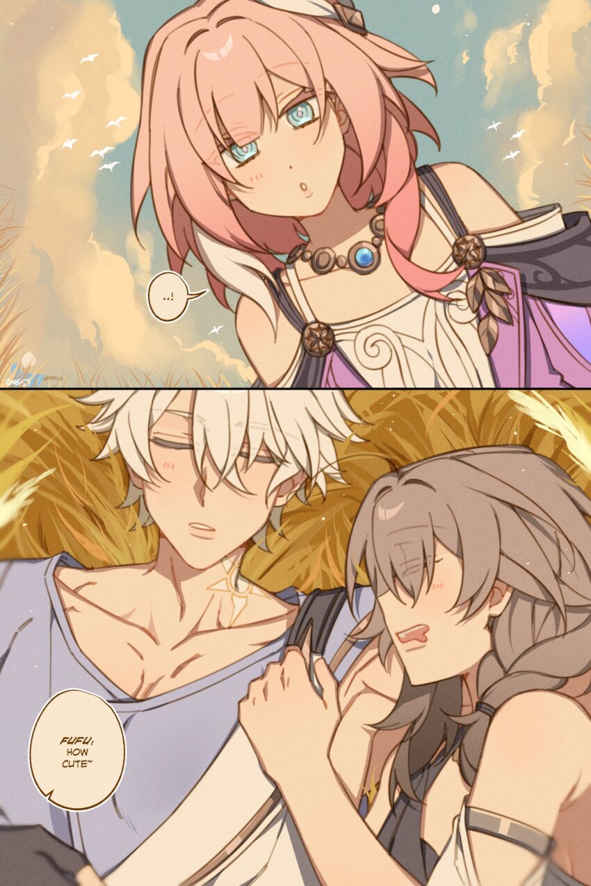1boy 2girls blue_eyes blue_shirt blue_sky breasts coat commentary cyrene_(honkai:_star_rail) dress drooling english_text grey_hair highres honkai:_star_rail honkai_(series) jewelry lying majunjuu medium_hair multicolored_hair multiple_girls necklace on_back outdoors phainon_(honkai:_star_rail) pink_hair purple_coat shirt sky sleeping small_breasts speech_bubble stelle_(honkai:_star_rail) symbol-only_commentary trailblazer_(honkai:_star_rail) two-tone_hair wheat wheat_field white_dress white_hair