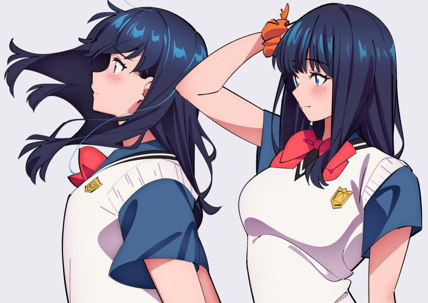 1girl black_hair black_shirt blue_eyes blush bow bowtie breasts from_side gridman_universe gridman_universe_(film) highres long_hair pleated_skirt red_bow sakura_1110ssmm school_uniform scrunchie shirt simple_background skirt sleeveless sleeveless_sweater solo sweater takarada_rikka upper_body wrist_scrunchie