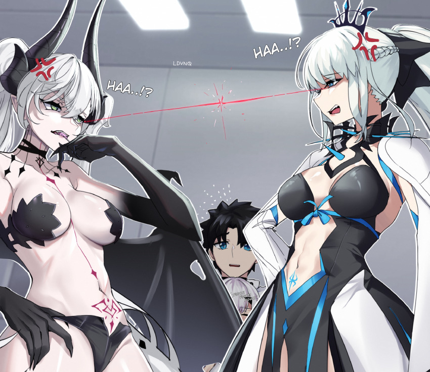 1boy 3girls bare_shoulders black_hair blue_eyes breasts cleavage demon_girl demon_horns dress fate/grand_order fate_(series) fujimaru_ritsuka_(male) green_eyes grey_hair highres horns large_breasts lilith_(fate) long_hair long_sleeves melusine_(fate) morgan_le_fay_(fate) morgan_le_fay_(third_ascension)_(fate) multiple_girls navel short_hair therrao white_hair