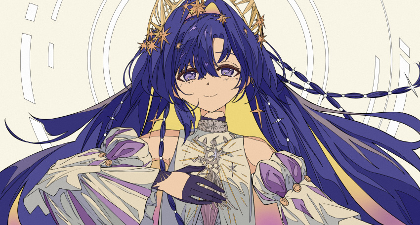 1girl absurdres bare_shoulders black_gloves blue_eyes blue_hair colored_inner_hair detached_sleeves dress floating_hair gloves gradient_hair hair_intakes hair_ornament hand_on_own_chest hand_up highres juliet_sleeves long_hair long_sleeves looking_at_viewer multicolored_hair official_alternate_costume puffy_sleeves purple_hair reverse:1999 sleeveless sleeveless_dress smile solo star_(symbol) star_hair_ornament upper_body very_long_hair voyager_(choir_of_the_stars)_(reverse:1999) voyager_(reverse:1999) xiao_jin_caoooooooi yellow_background