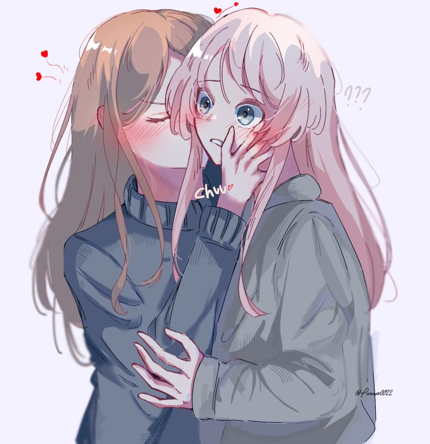 2girls ? ?? bang_dream! bang_dream!_it&#039;s_mygo!!!!! blue_eyes blue_sweater blush brown_hair chihaya_anon closed_eyes commentary finn_sen grey_hoodie heart highres hood hoodie kiss kissing_cheek long_hair multiple_girls nagasaki_soyo parted_lips pink_hair simple_background sweater white_background yuri