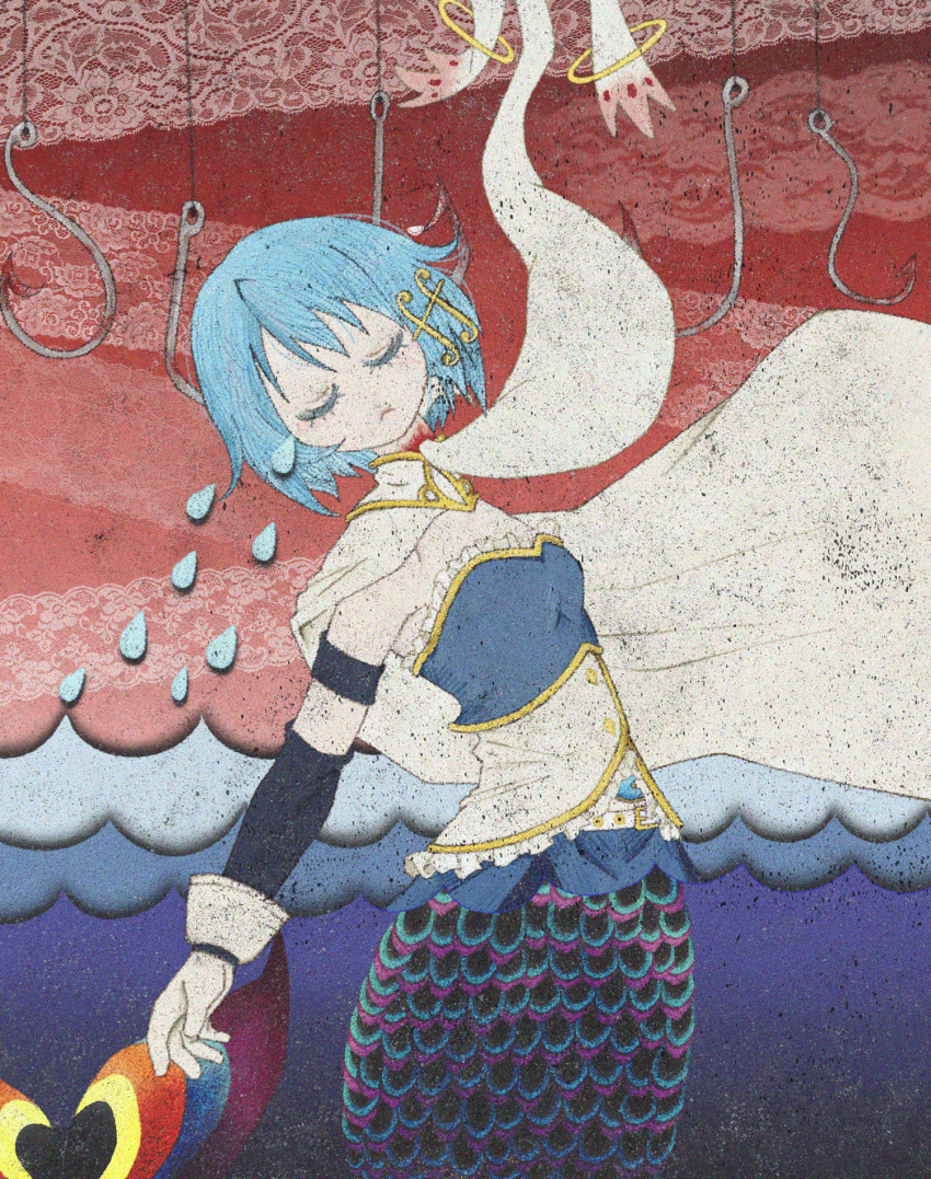arm_warmers armor blood blue_hair breastplate cape closed_eyes closed_mouth fish_hook fishing_line fortissimo giorgyste gloves hair_ornament highres kyubey mahou_shoujo_madoka_magica mahou_shoujo_madoka_magica_(anime) mermaid miki_sayaka miki_sayaka_(magical_girl) monster_girl musical_note musical_note_hair_ornament oktavia_von_seckendorff partially_submerged scales soul_gem tears white_cape white_gloves