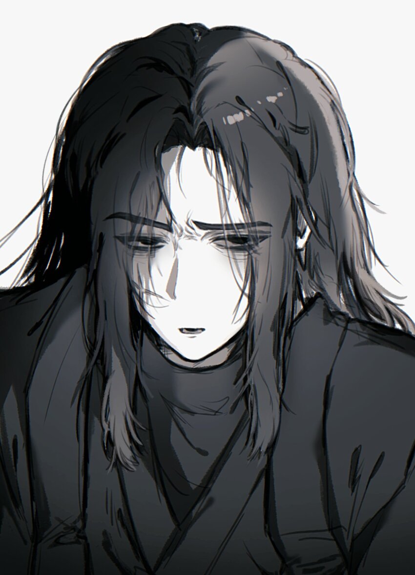 1boy bags_under_eyes black_eyes black_hair black_hanfu chinese_clothes curtained_hair hair_over_shoulder hanfu highres jia_qiu_(project_moon) limbus_company looking_at_viewer male_focus open_mouth project_moon raised_eyebrow red_hong00 scar scar_on_face solo white_background
