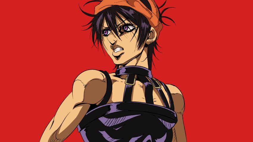 1boy anime_coloring bare_shoulders black_choker black_hair choker grandguerrilla hairband highres jojo_no_kimyou_na_bouken looking_to_the_side messy_hair narancia_ghirga orange_hairband parted_lips portrait purple_eyes red_background short_hair solo teeth three_quarter_view upper_body vento_aureo