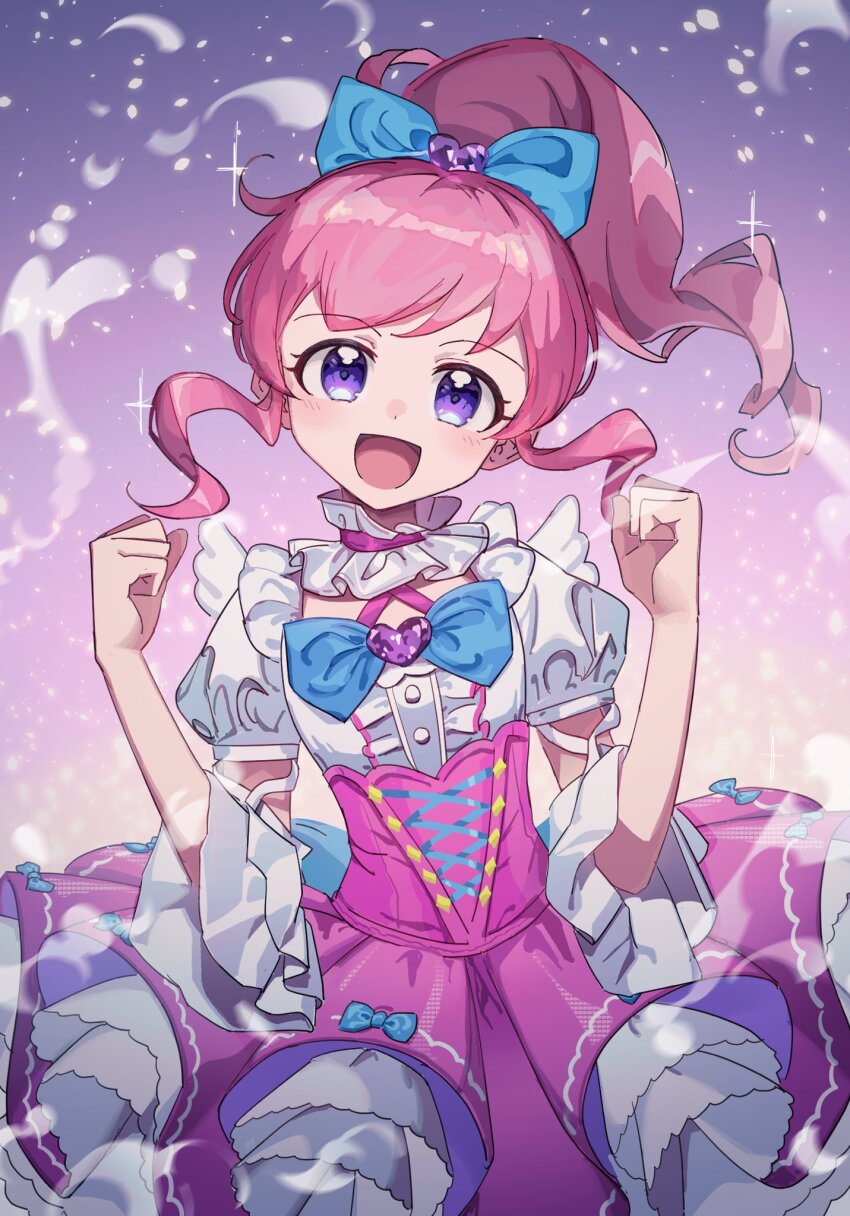 1girl :d anisakisu blue_bow bow clenched_hands dot_nose dress frilled_dress frills ganbaru_pose gradient_background hair_bow hands_up highres idol idol_clothes kiratto_pri_chan layered_dress long_hair looking_at_viewer momoyama_mirai open_mouth pink_dress pink_hair ponytail pretty_series purple_background purple_brooch purple_dress purple_eyes short_sleeves sidelocks smile solo sparkle upper_body