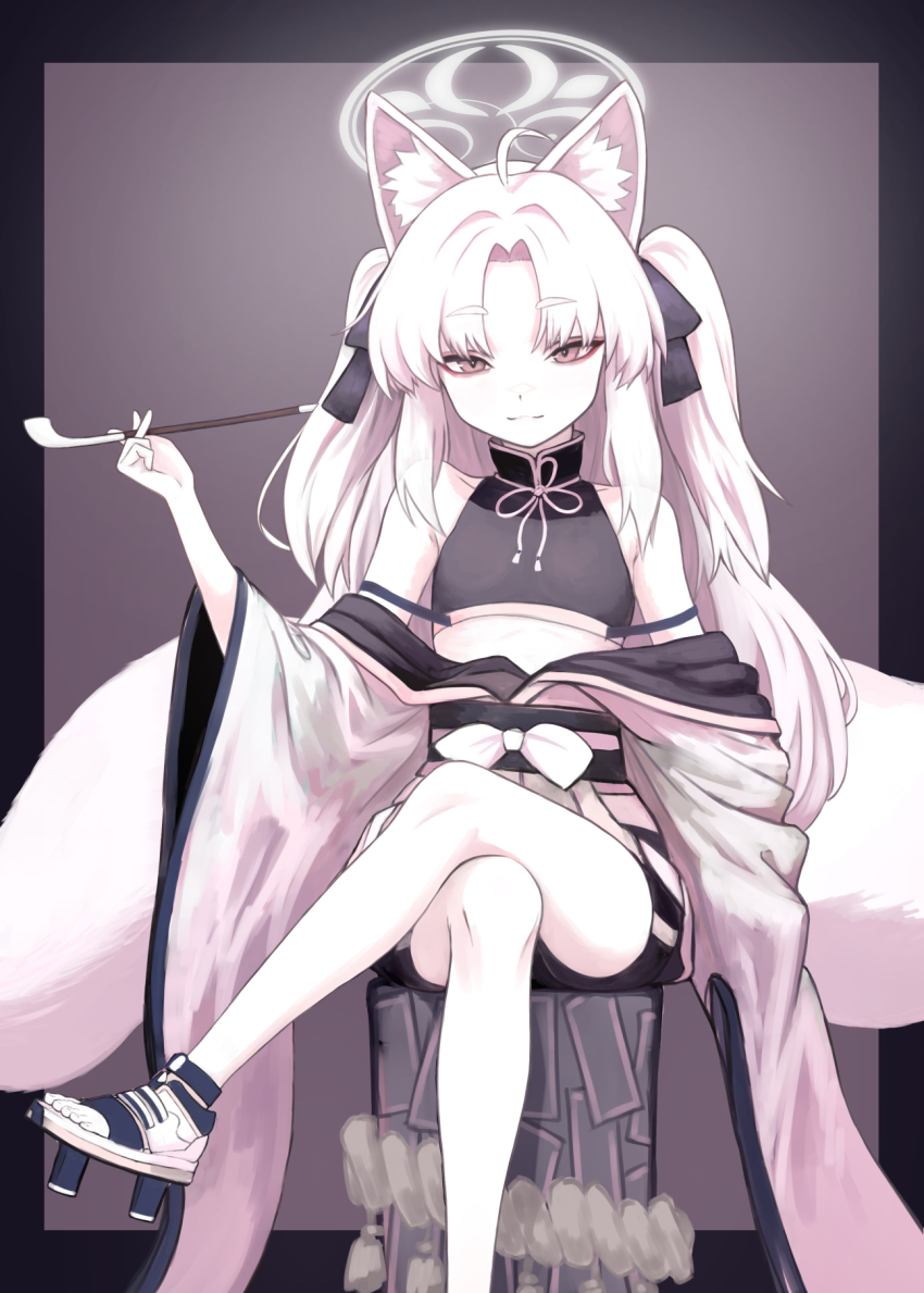 1girl ahoge animal_ear_fluff animal_ears bare_shoulders black_shirt blue_archive brown_eyes closed_mouth cropped_shirt crossed_arms foot_out_of_frame fox_ears fox_girl fox_tail halo hand_up highres holding holding_smoking_pipe japanese_clothes kimono kimono_pull kuzunoha_(blue_archive) legs long_hair looking_at_viewer multiple_tails nito_(nshtntr) obi sash shirt sitting smile smoking_pipe solo tail two_tails white_hair white_halo