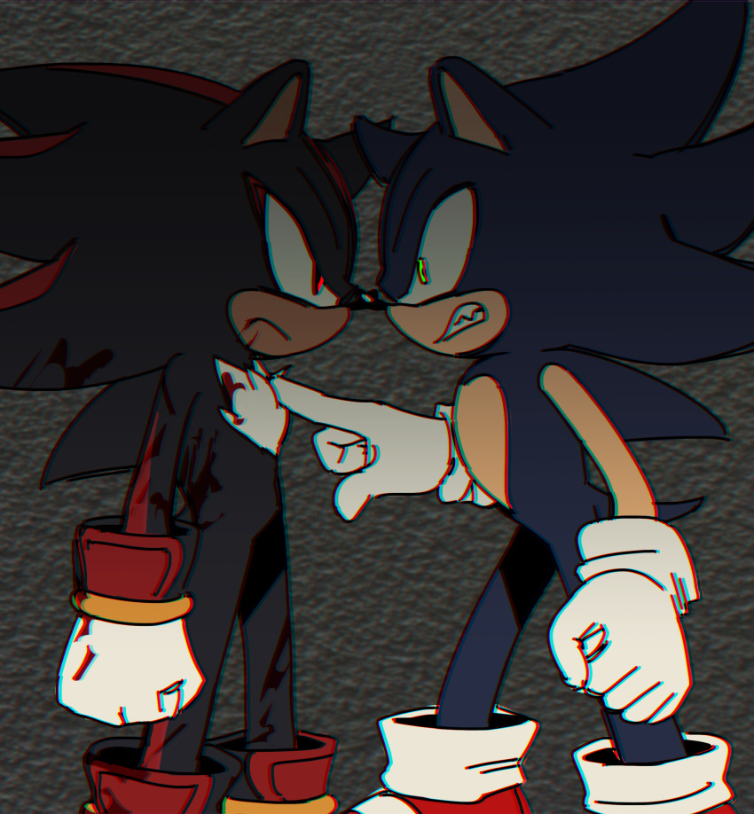 2boys angry animal_ears animal_nose black_fur blood blue_fur clenched_hand clenched_teeth dark_persona dark_sonic eye_contact furry furry_male gloves hedgehog_boy highres looking_at_another male_focus multiple_boys pointing pointing_at_another red_eyes shadow_the_hedgehog simple_background sonic_(series) sonic_the_hedgehog sonic_x tail teeth unneul white_gloves