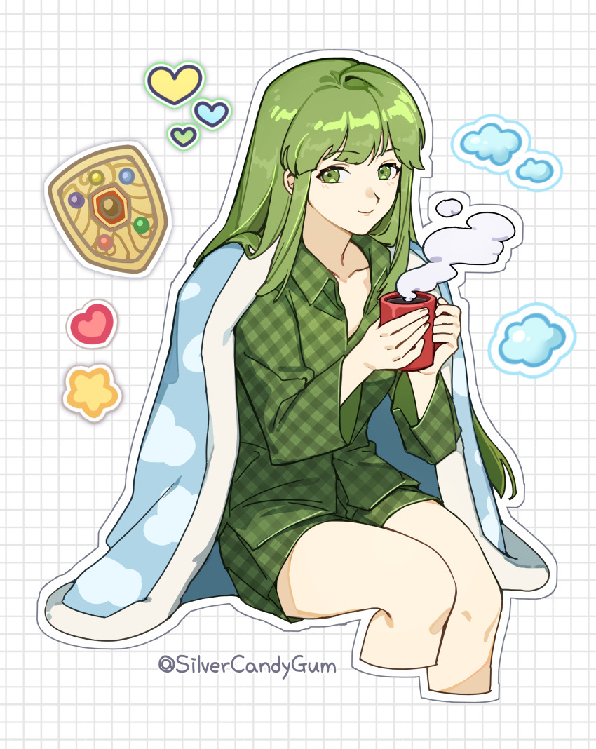 1girl absurdres binding_shield blanket checkered_clothes commentary commission cropped_legs cup english_commentary fire_emblem fire_emblem:_mystery_of_the_emblem green_eyes green_hair highres holding holding_cup long_hair looking_at_viewer mug nintendo pajamas palla_(fire_emblem) pixiv_commission silvercandy_gum sitting solo twitter_username