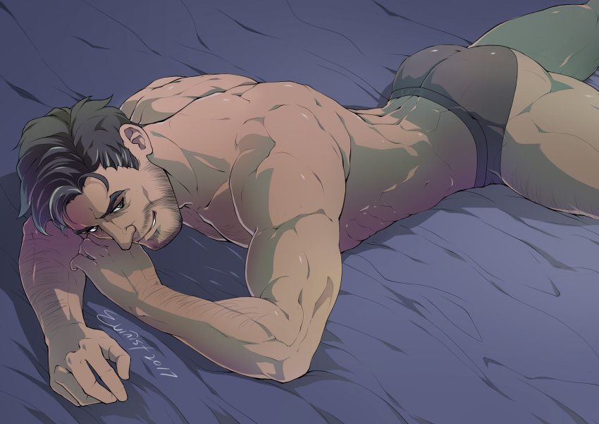 1boy absurdres arm_hair ass bara beard black_eyes black_hair briefs dream_daddy:_a_dad_dating_simulator evinist facial_hair feet_out_of_frame grin highres lying male_focus male_underwear mature_male muscular muscular_male on_bed on_stomach robert_(dream_daddy) robert_small short_hair smile solo teeth thick_thighs thighs topless_male underwear