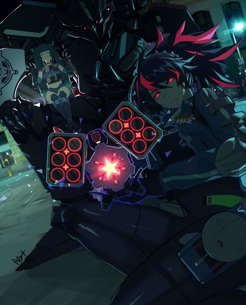 1boy 2boys absolute_cinema_(meme) absurdres android barricade_(transformers) closed_eyes commentary english_commentary gun hands_up heartbreak_juan high-waist_pants highres looking_at_viewer meme metal_hairband multiple_boys pants police police_uniform policewoman qingyi_(zenless_zone_zero) red_eyes robot smile tight_clothes tight_pants transformers weapon zenless_zone_zero zhu_yuan