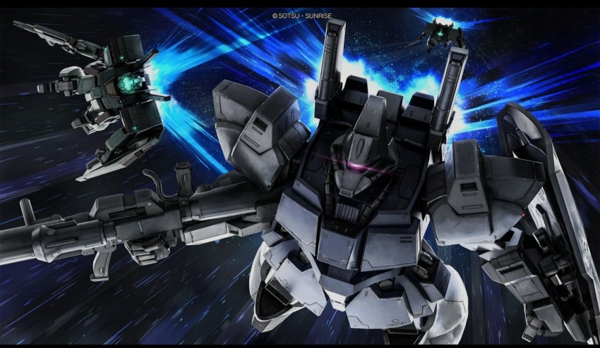 advance_of_zeta aeug assault_visor battle beam_rifle blue_visor cable company_name copyright_notice energy_gun galbaldy_beta galbaldy_beta_high_mobility_type glowing glowing_eye gm_iii gundam gundam_battle_operation_2 holding holding_weapon lens_flare machinery mecha mecha_focus mobile_suit no_humans official_art one-eyed pink_eyes realistic robot scan science_fiction scope shield sunrise_(company) tenjin_hidetaka thrusters traditional_media weapon