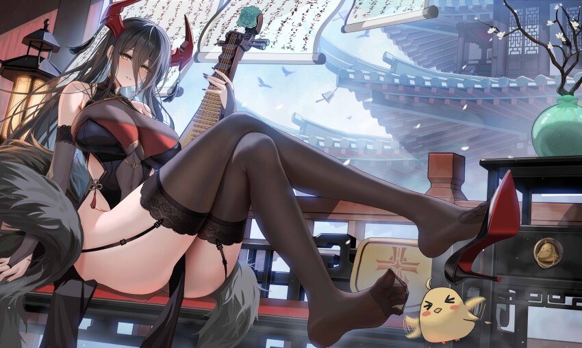 1girl absurdres azur_lane bare_shoulders black_garter_straps black_hair black_shoes black_thighhighs breasts bridal_gauntlets closed_mouth feather_boa feet friedrich_der_grosse_(azur_lane) full_body garter_straps high_heels highres horns instrument large_breasts long_hair looking_at_viewer manjuu_(azur_lane) red_horns shoes sitting smile soles solo thighhighs thighs toes yijiufantexi